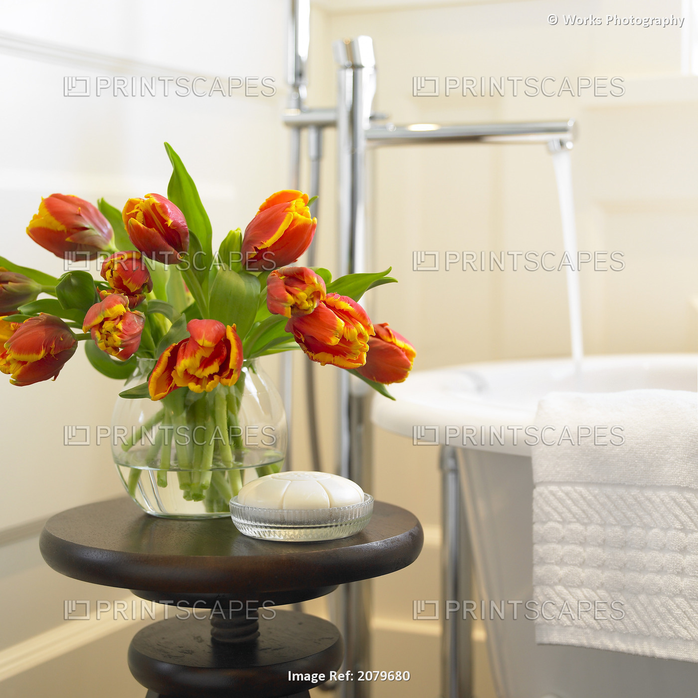 Close-Up Of Orange Tulips In A Vase In Front Of Bathtub Faucet With Running ...