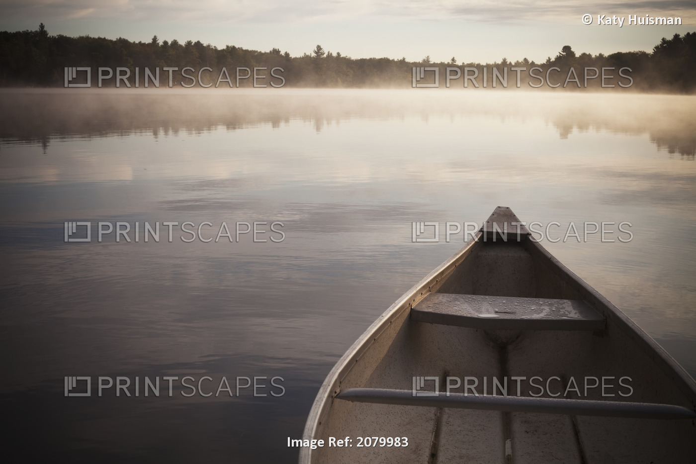 Canoe In Morning Fog On Duck Lake; Kirkfield, Ontario