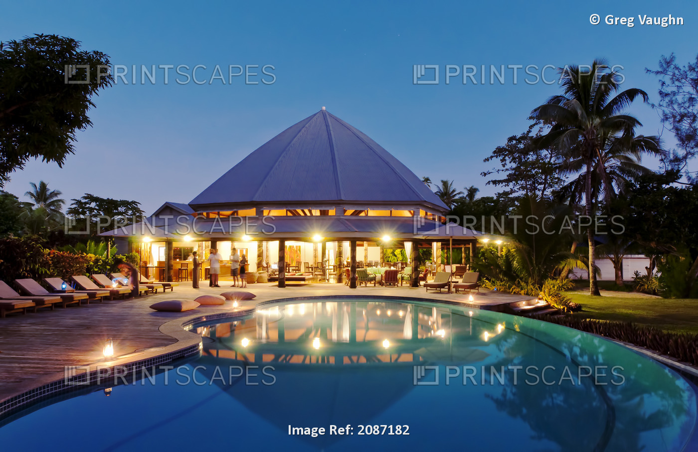 Fiji, Matangi Private Island Resort, Dining room pavilion and swimming pool.
