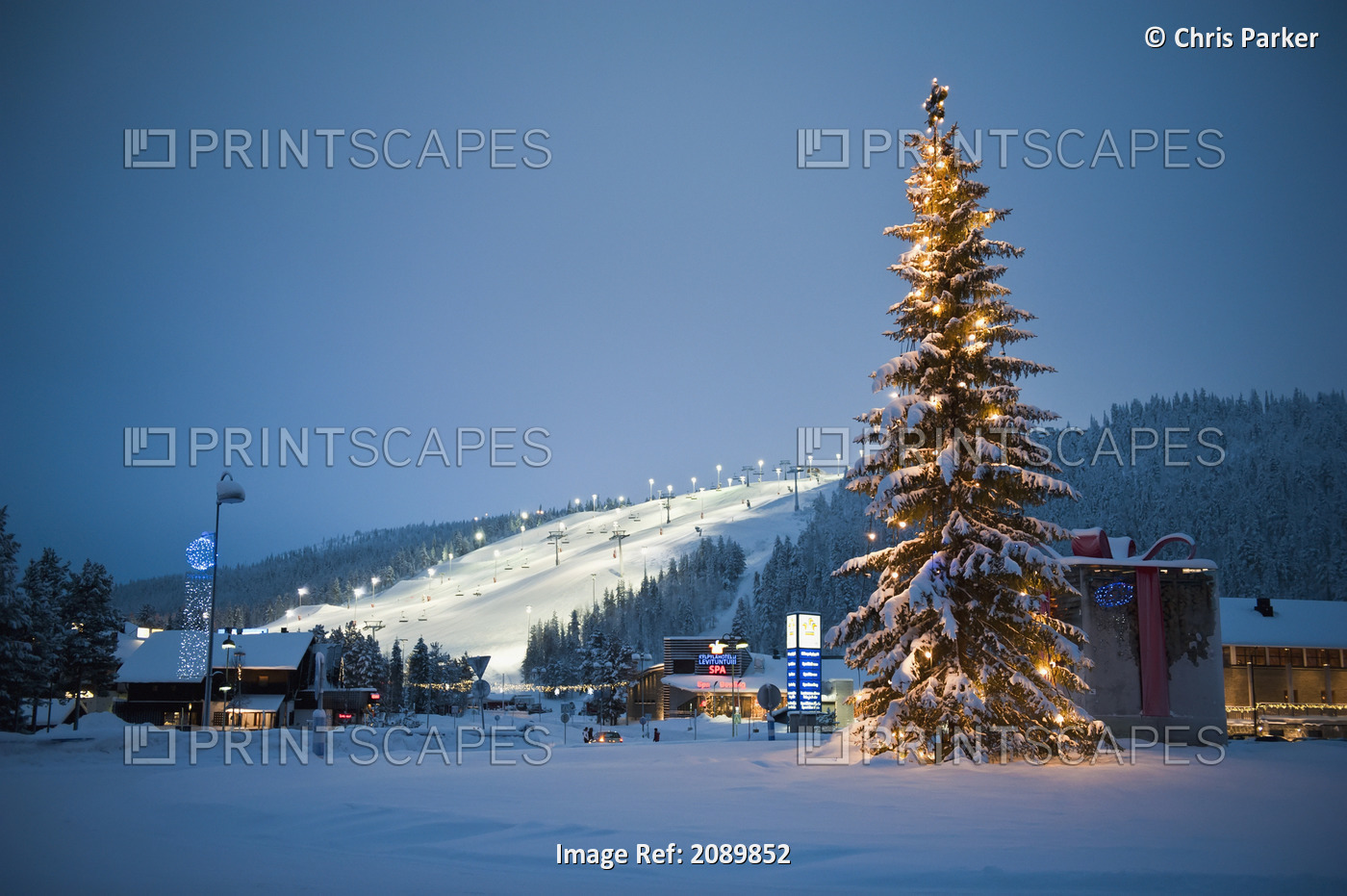 A Large Decorated Christmas Tree With Lights In Front Of The Floodlit And Ski ...