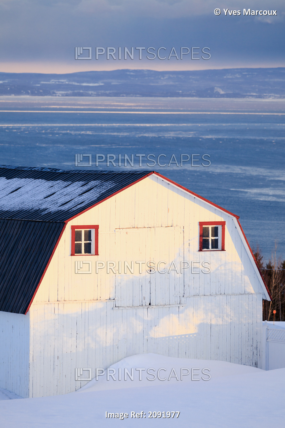 Barn And Saint Lawrence River In Winter; Saint-Irenee Quebec Canada