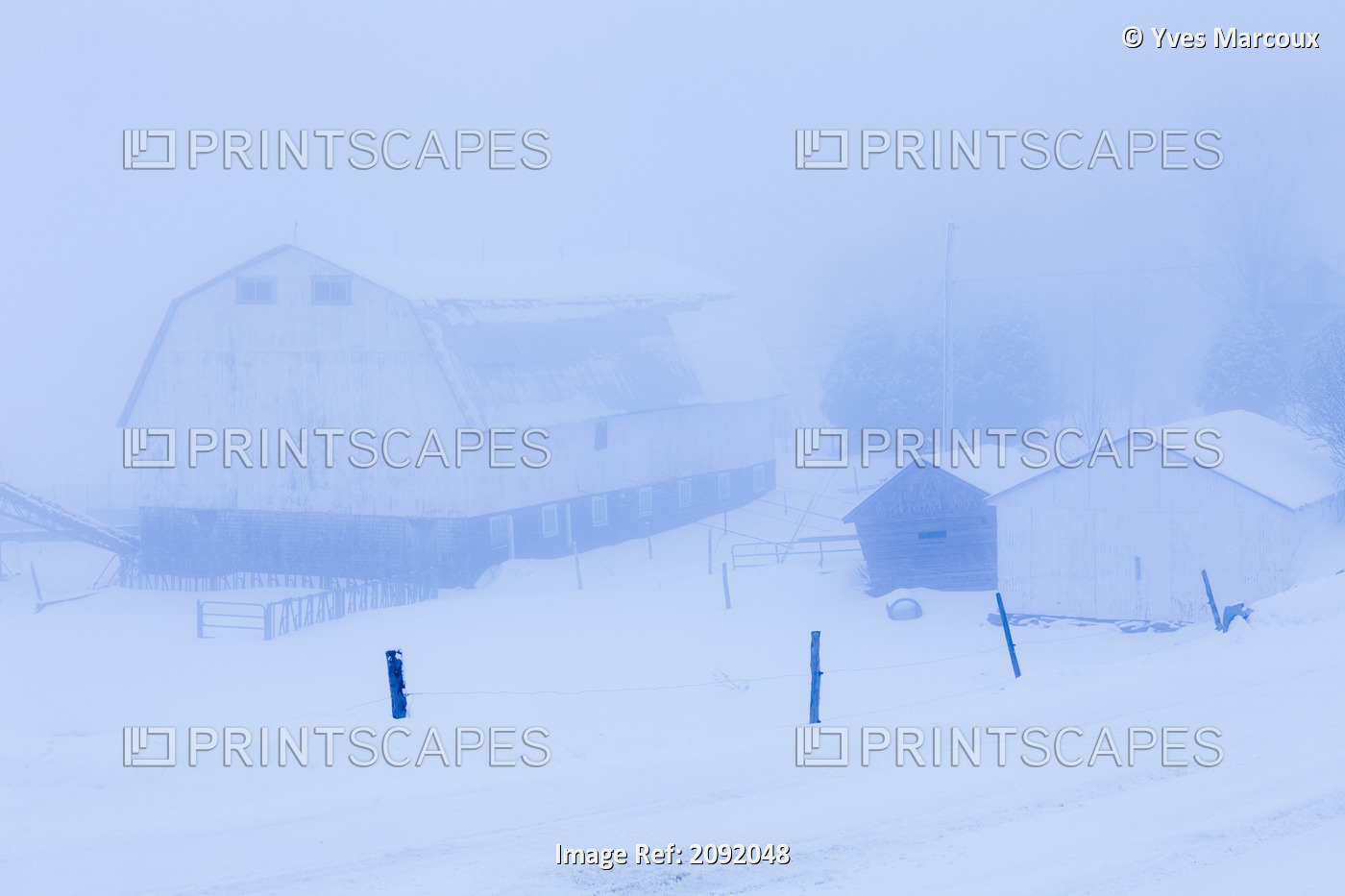 Farm Building In Winter Fog; Saint-Adrien-D'irlande Quebec Canada
