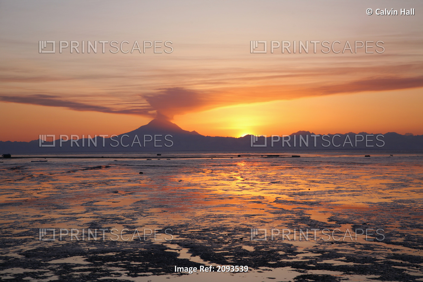 Ash Cloud Rises From Mt. Redoubt At Sunset During Low Tide Near Ninilchik, ...