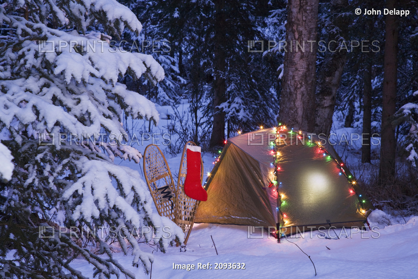 A Tent Is Set Up In The Woods With Christmas Lights And Stocking Near ...