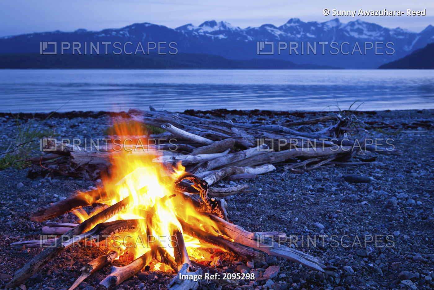 Campfire At Dusk On A Remote Coastal Beach In Goose Cove With Fairweather Range ...