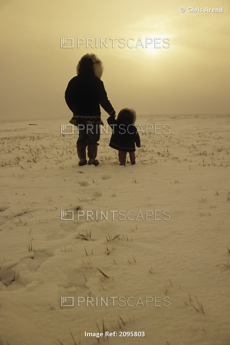 Eskimo Man & Child On Winter Tundra Arctic Alaska