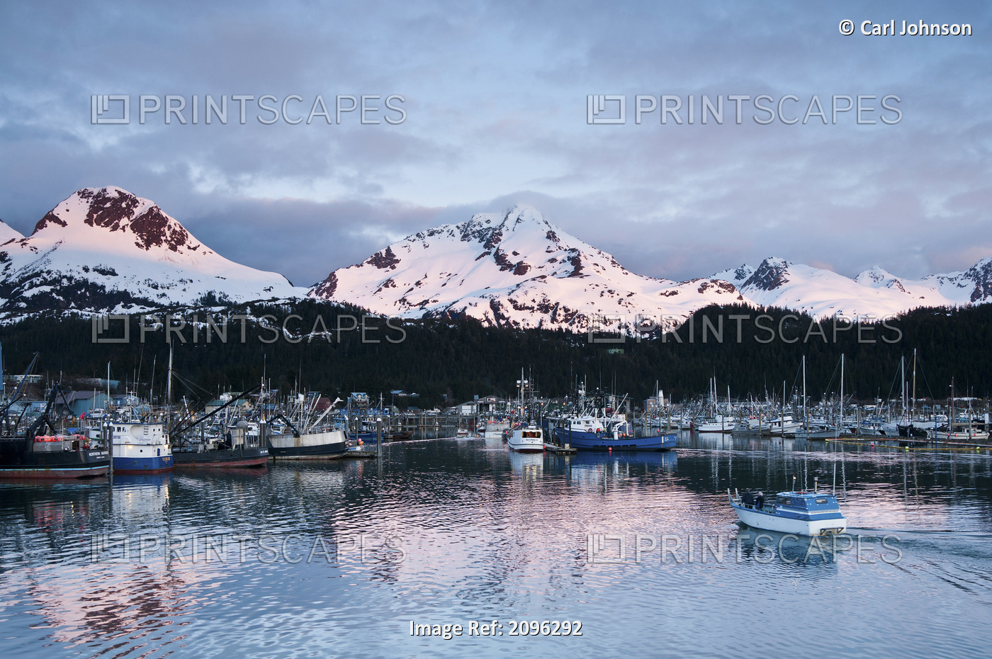 Scenic View Of The Cordova Small Boat Harbor And Alpenglow On The Chugach ...