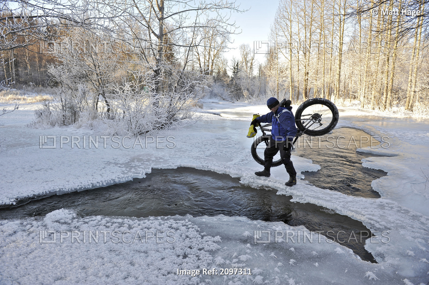 Bicyclist Crosses Open Water Of Campell Creek While Carrying A Snow Bike In Far ...