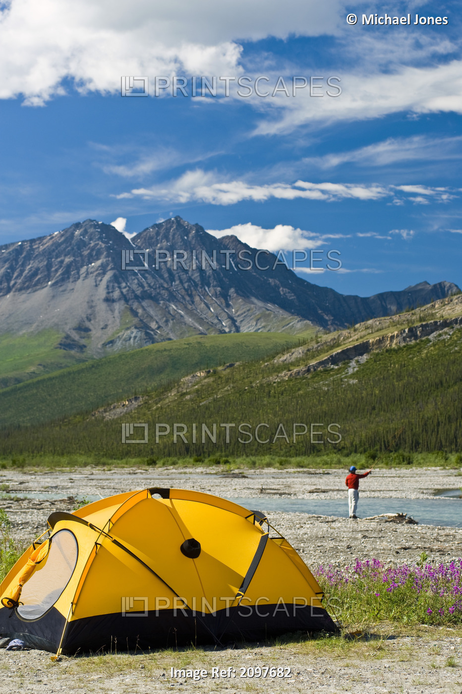 Man Fly Fishing On The Dietrich River In The Brooks Range Near His Tent And ...