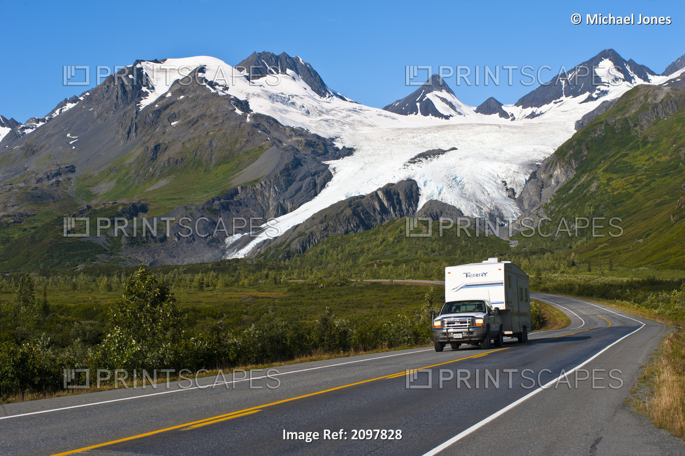 Scenic View Of Worthington Glacier With A Truck Pulling A Rv Camp Trailer On ...