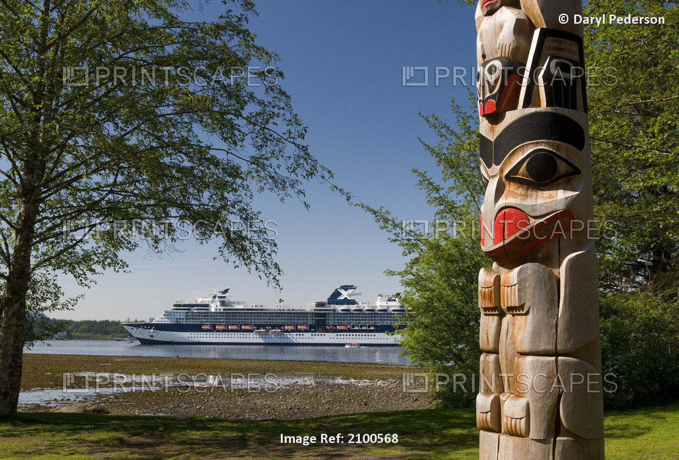 Totem Pole With The Coastline And A Cruiseship In The Background, Sitka ...