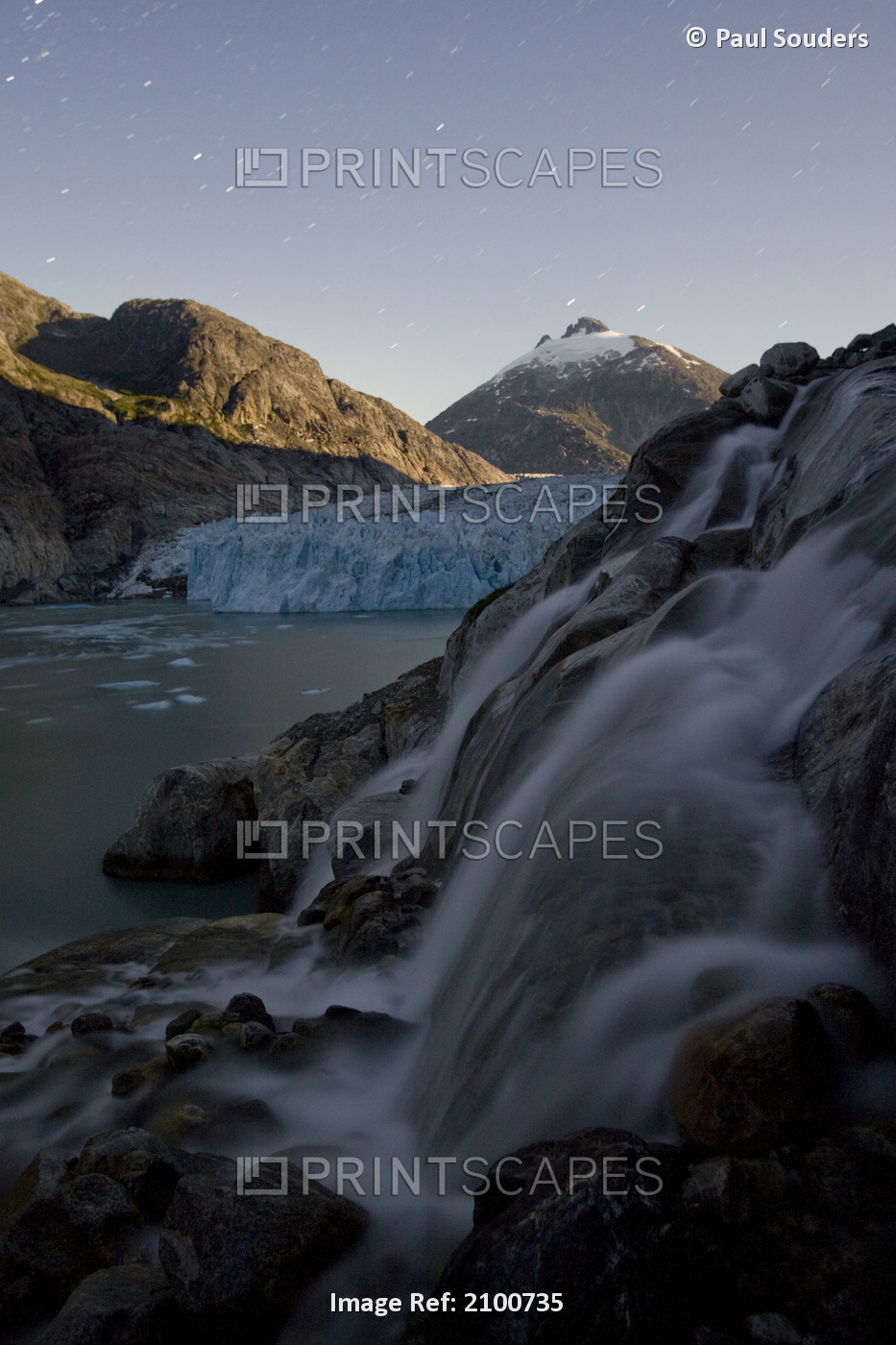 Rising Moon Lights Dawes Glacier And Nearby Waterfall At Night, Tracy Arm-Fords ...