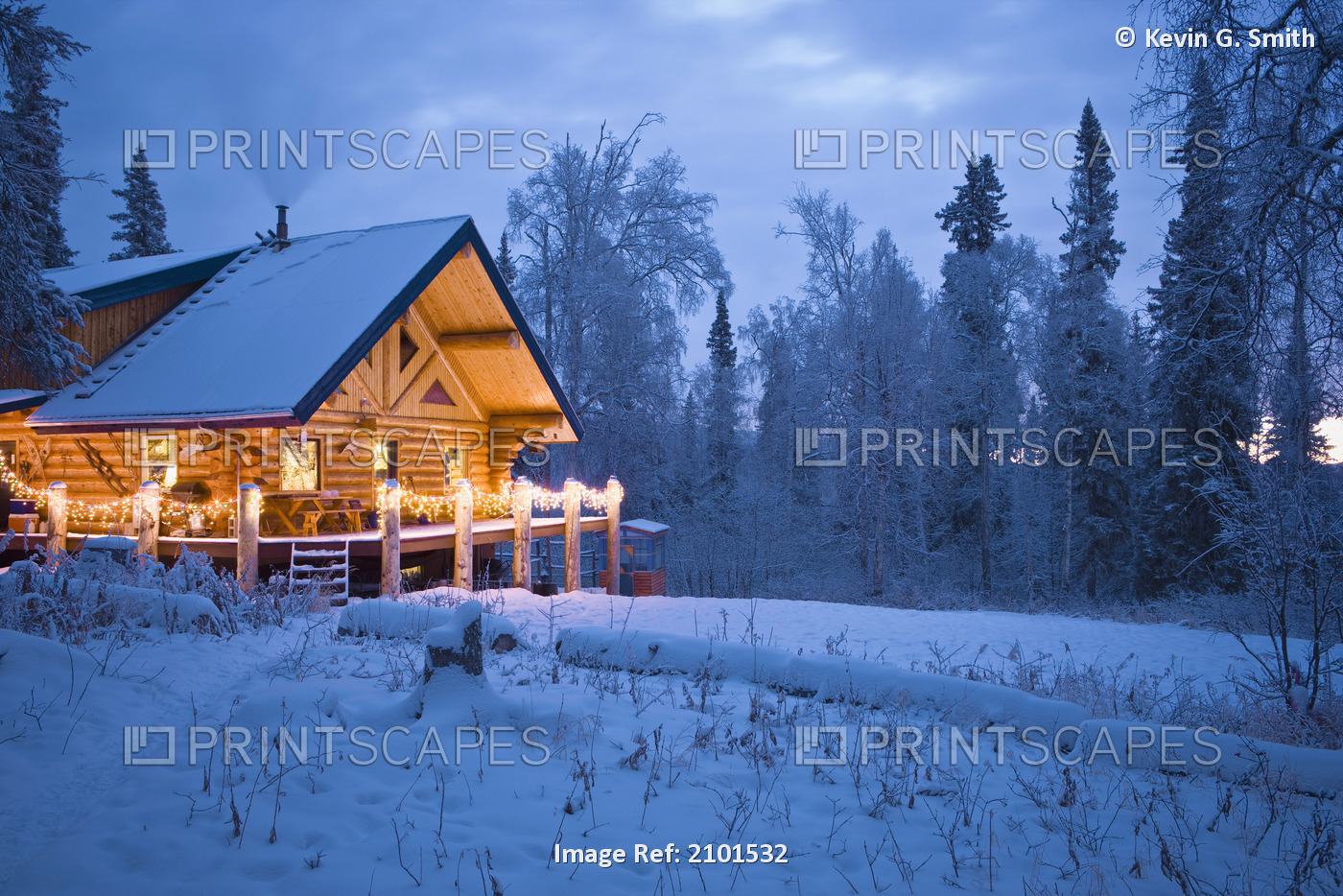 Log Cabin In The Woods Decorated With Christmas Lights At Twilight Near ...