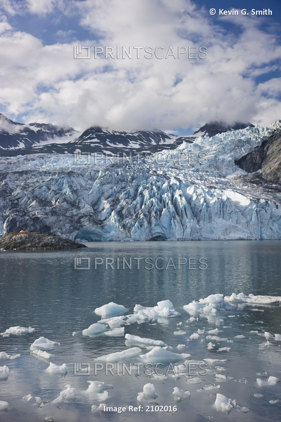 Scenic View Of Shoup Glacier With A Camp Tent Set On A Island In The Distance, ...