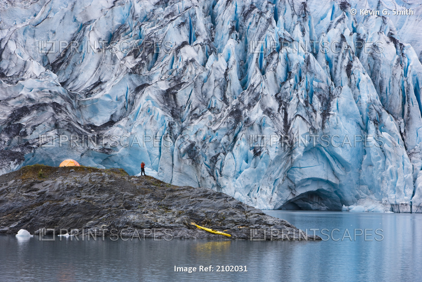 Kayaker With His Boat Pulled Up On An Island In Front Of Shoup Glacier, Shoup ...