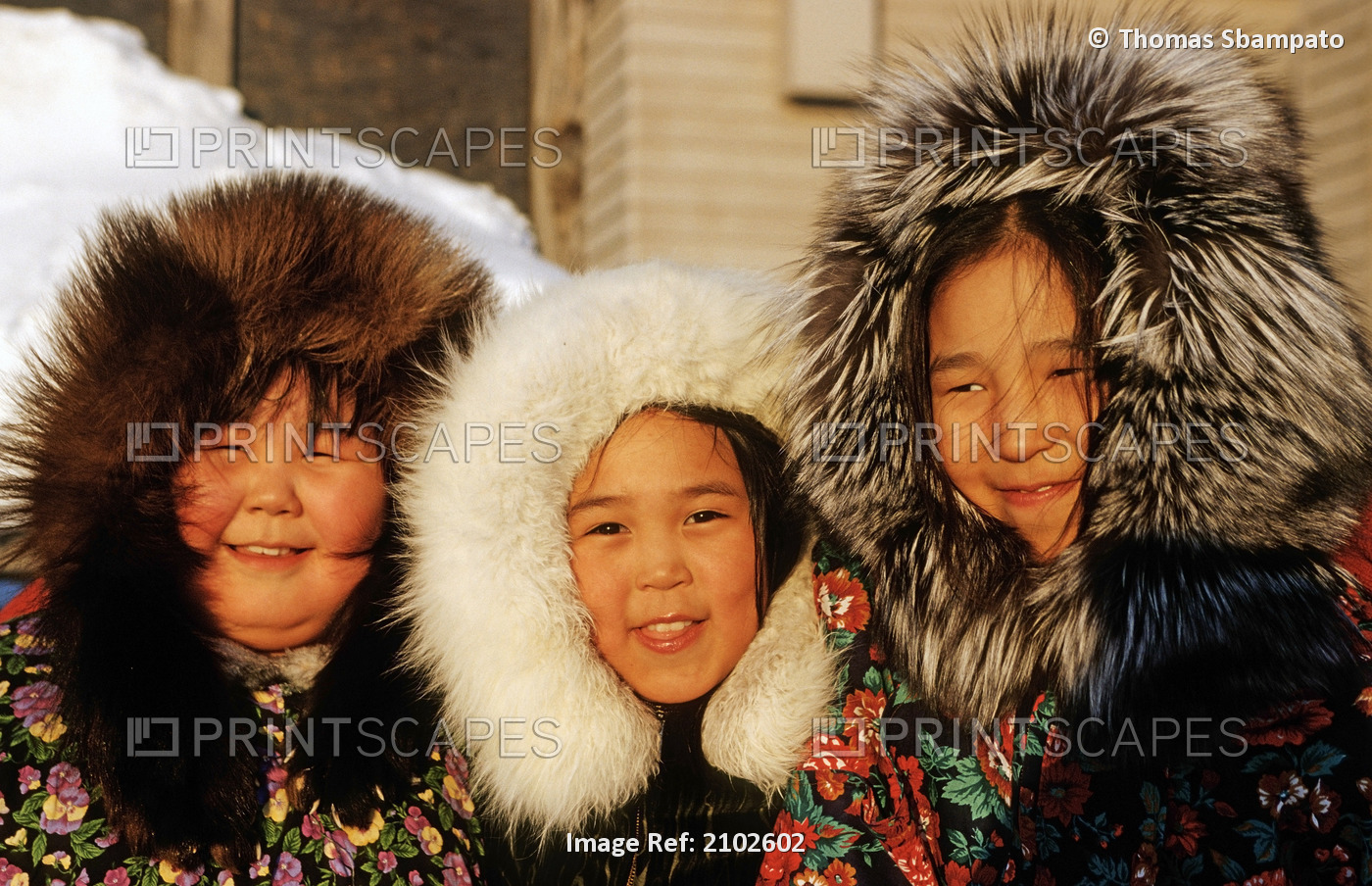 Three Eskimo Girls In Nuiqsut Near The North Slope Alaska Wearing Traditional ...