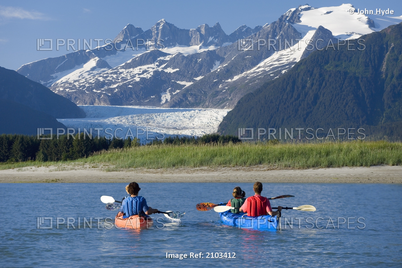 Kayakers Kayaking In Double Sea-Kayaks Near Juneau In Inside Passage With View ...