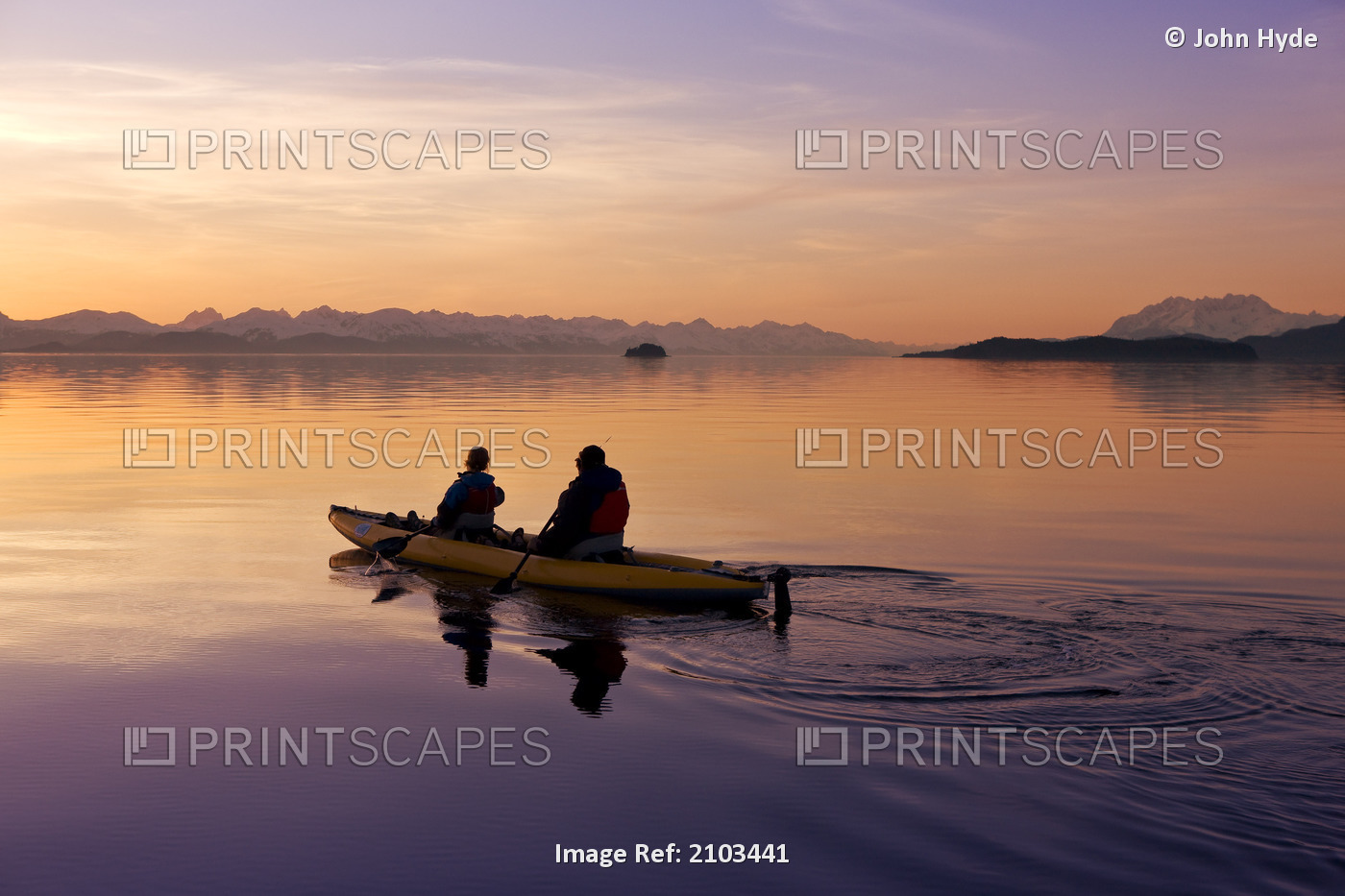 Kayakers Paddle The Calm Waters Of Alaska's Inside Passage With Herbert Glacier ...