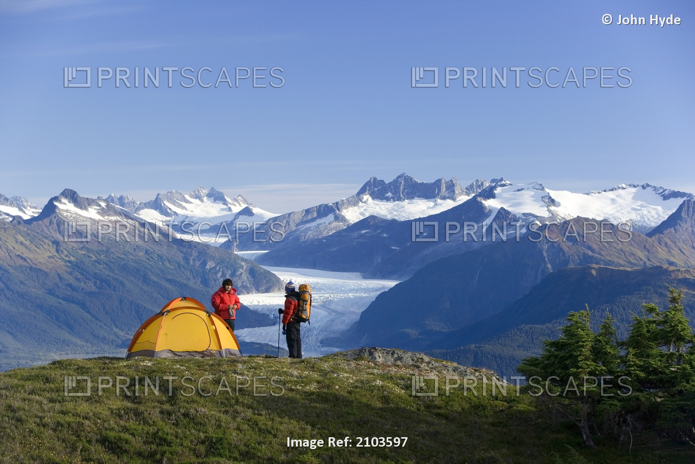 Hiker Next To Tent On Ridge Views Mendenhall Glacier & Coast Mountains Near ...
