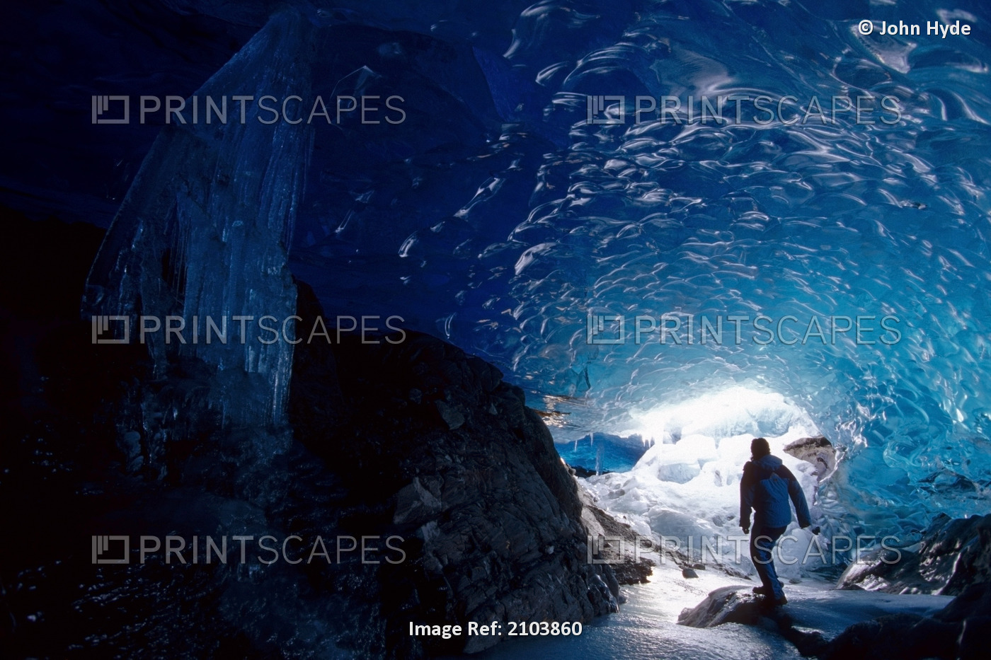 Hiker Mendenhall Glacier Exploring Ice Cave Ak Southeast