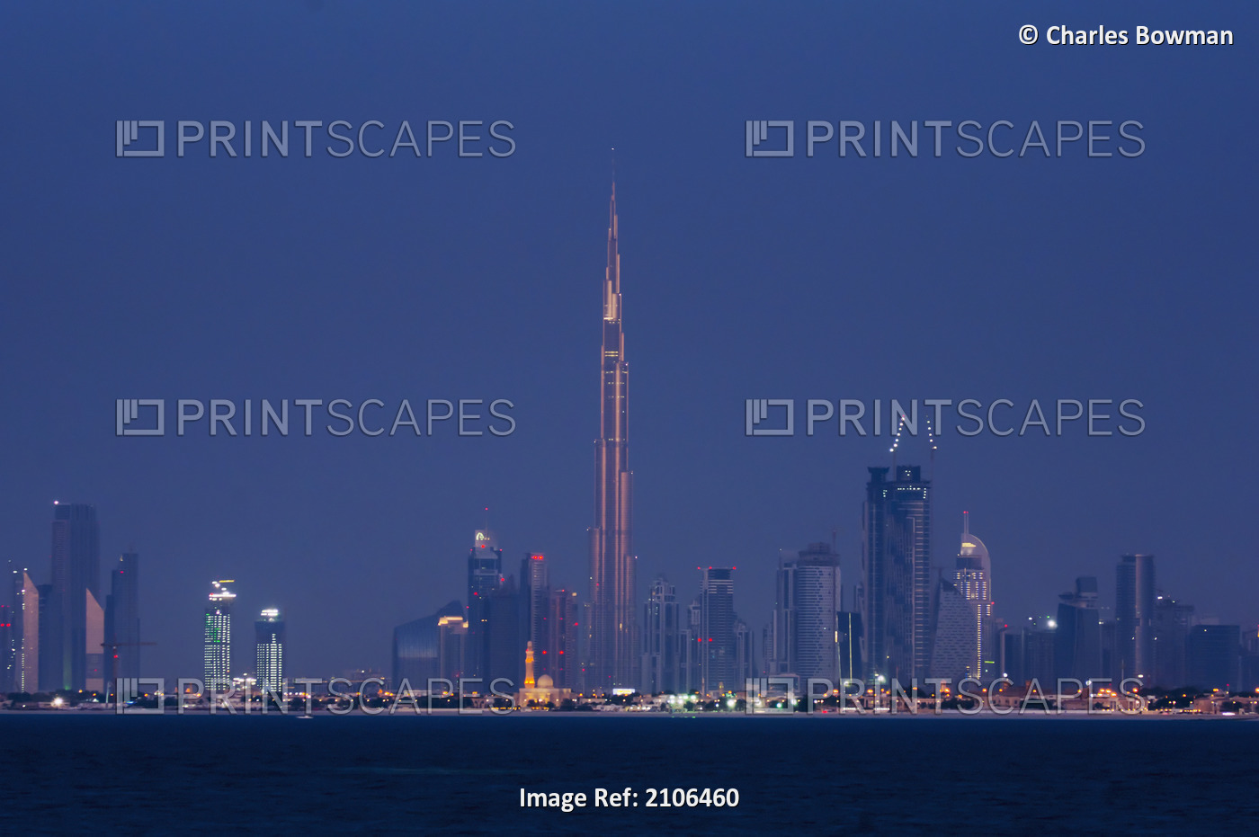 United Arab Emirates, View of city skyline at dusk; Dubai