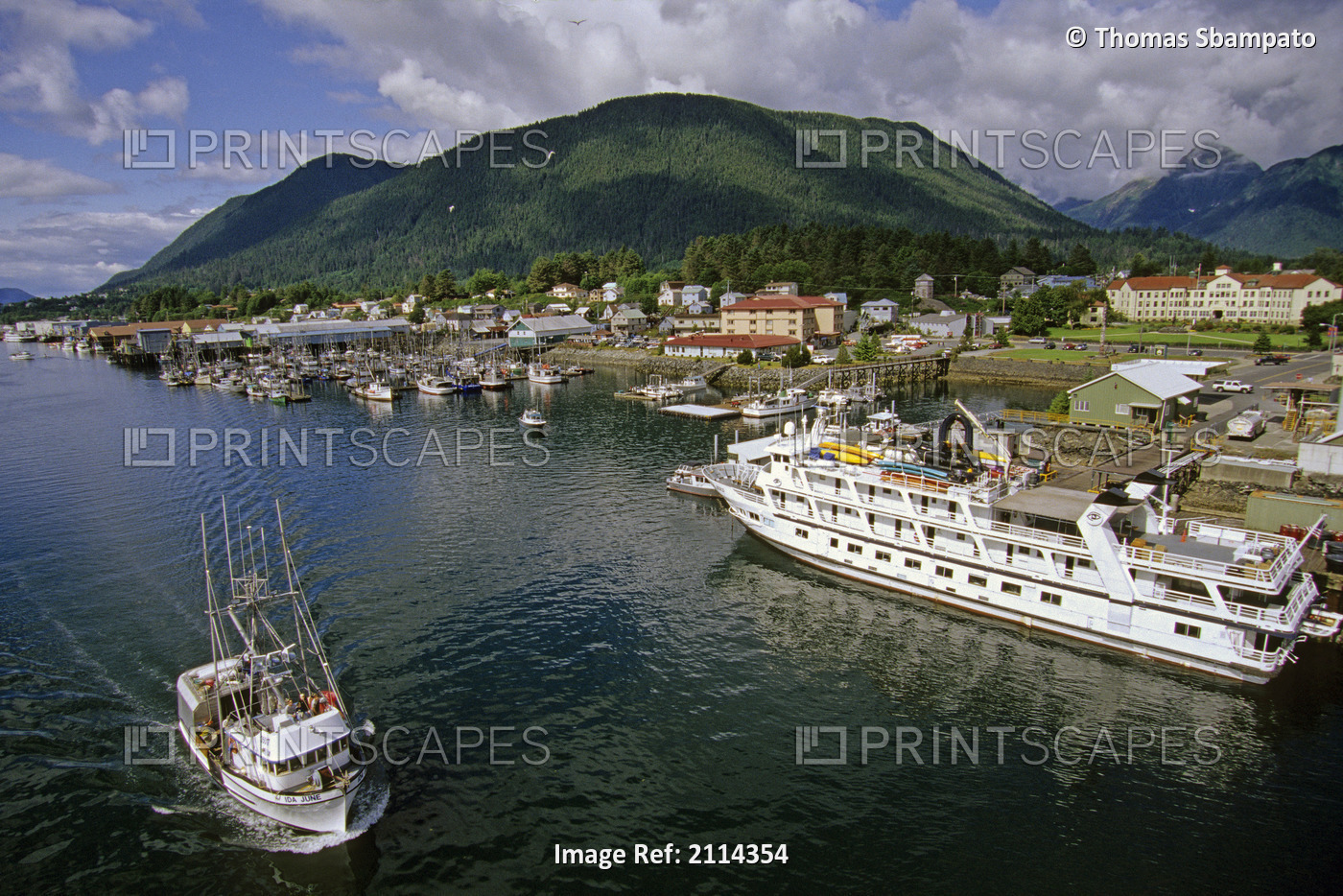 View Of City Of Sitka & Boat Harbor Se Ak Summer W/Tourboat & Commercial ...