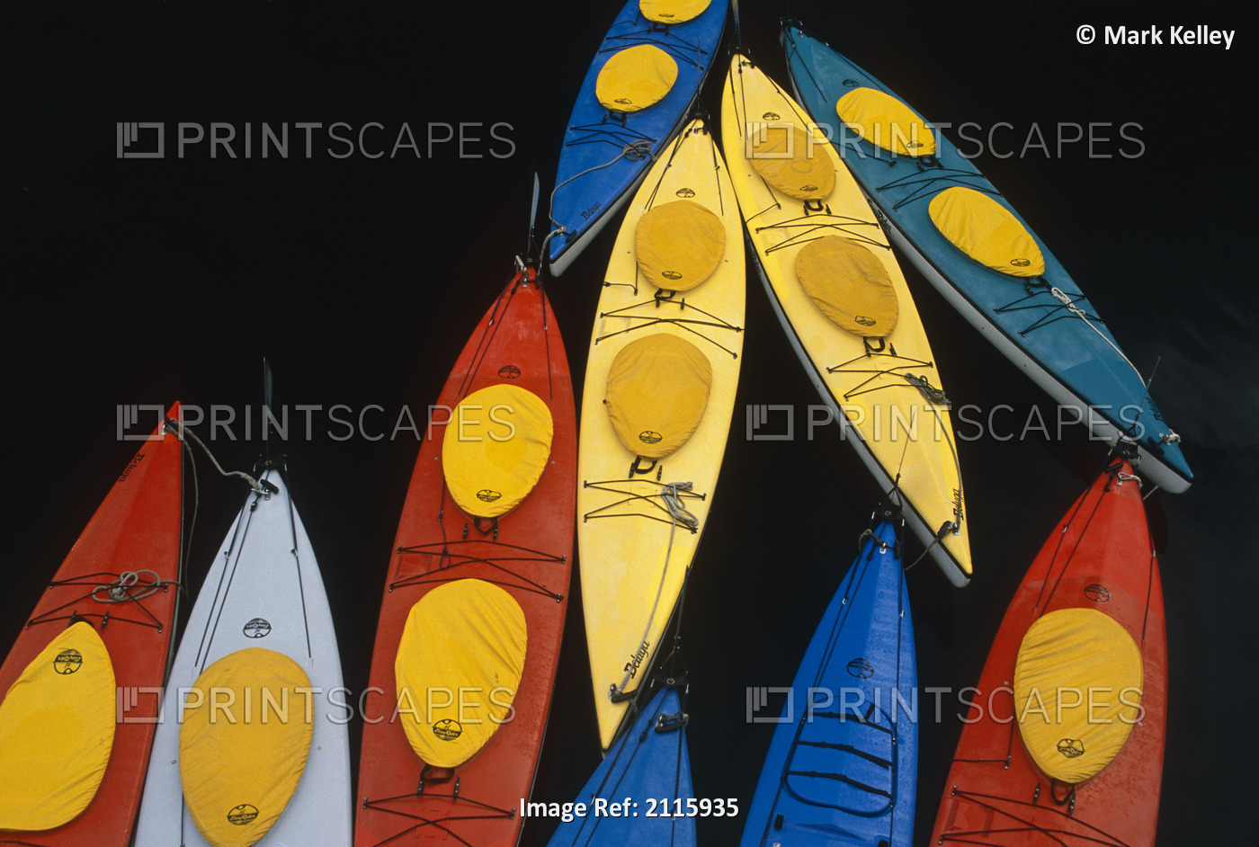 Abstract Overview Of Colorful Kayaks Tied Up Together On Water Inside Passage ...