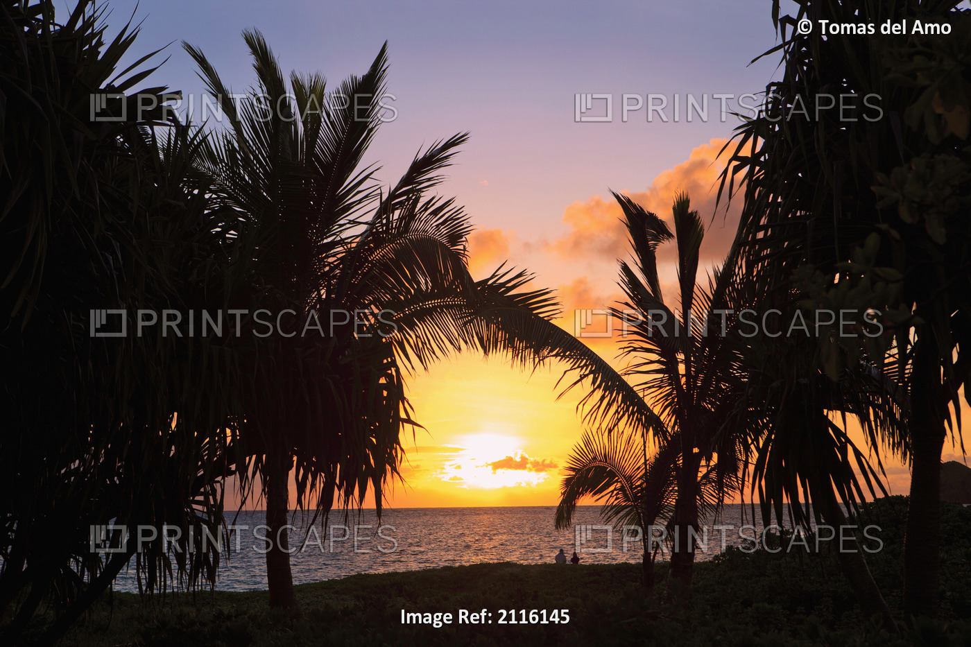 Hawaii, Oahu, Kailua, Lanikai, Vibrant sunset with a couple on beach.