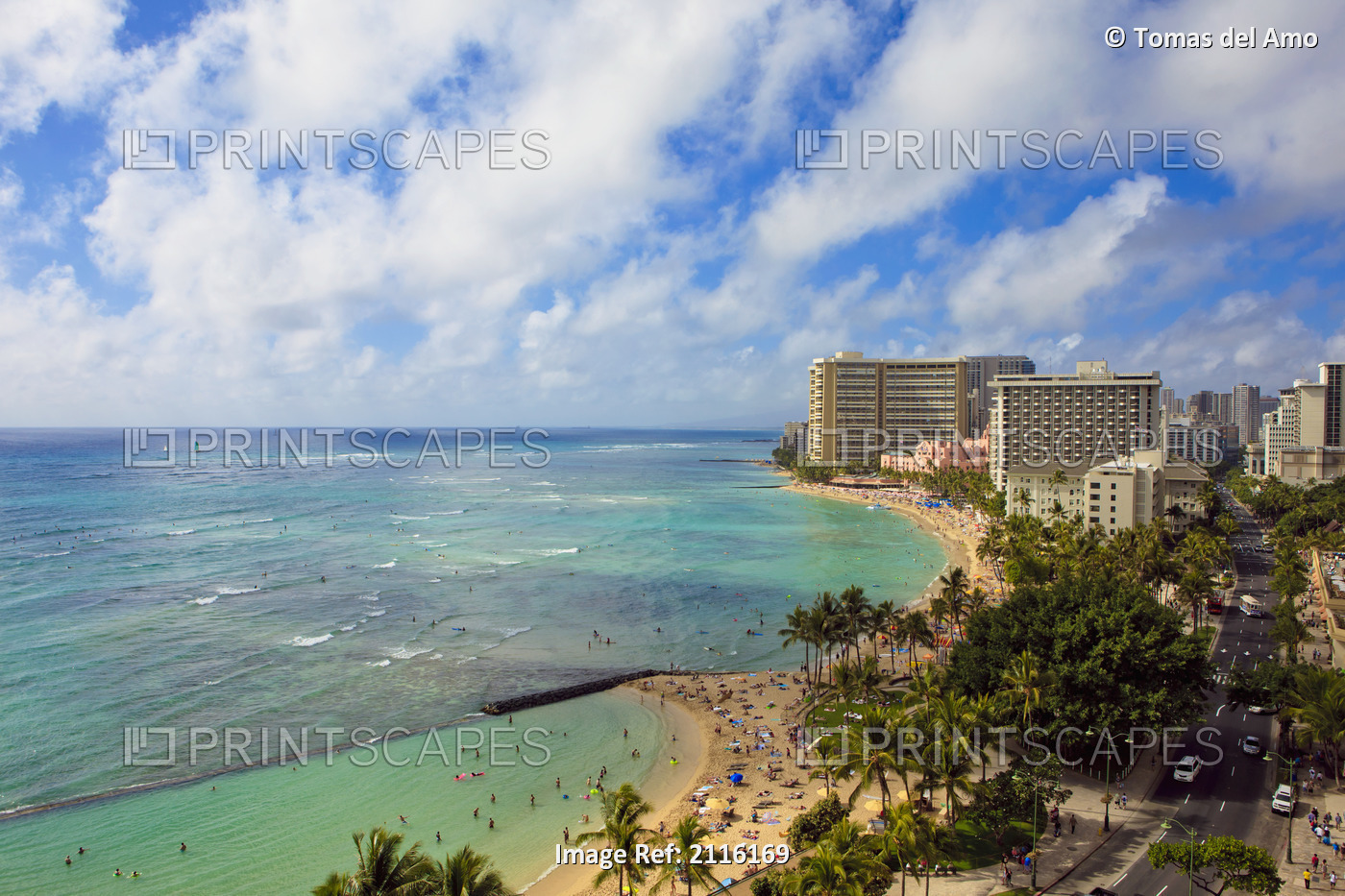 Hawaii, Oahu, Waikiki, View of the Pacific Ocean, Waikiki Beach, and famous ...