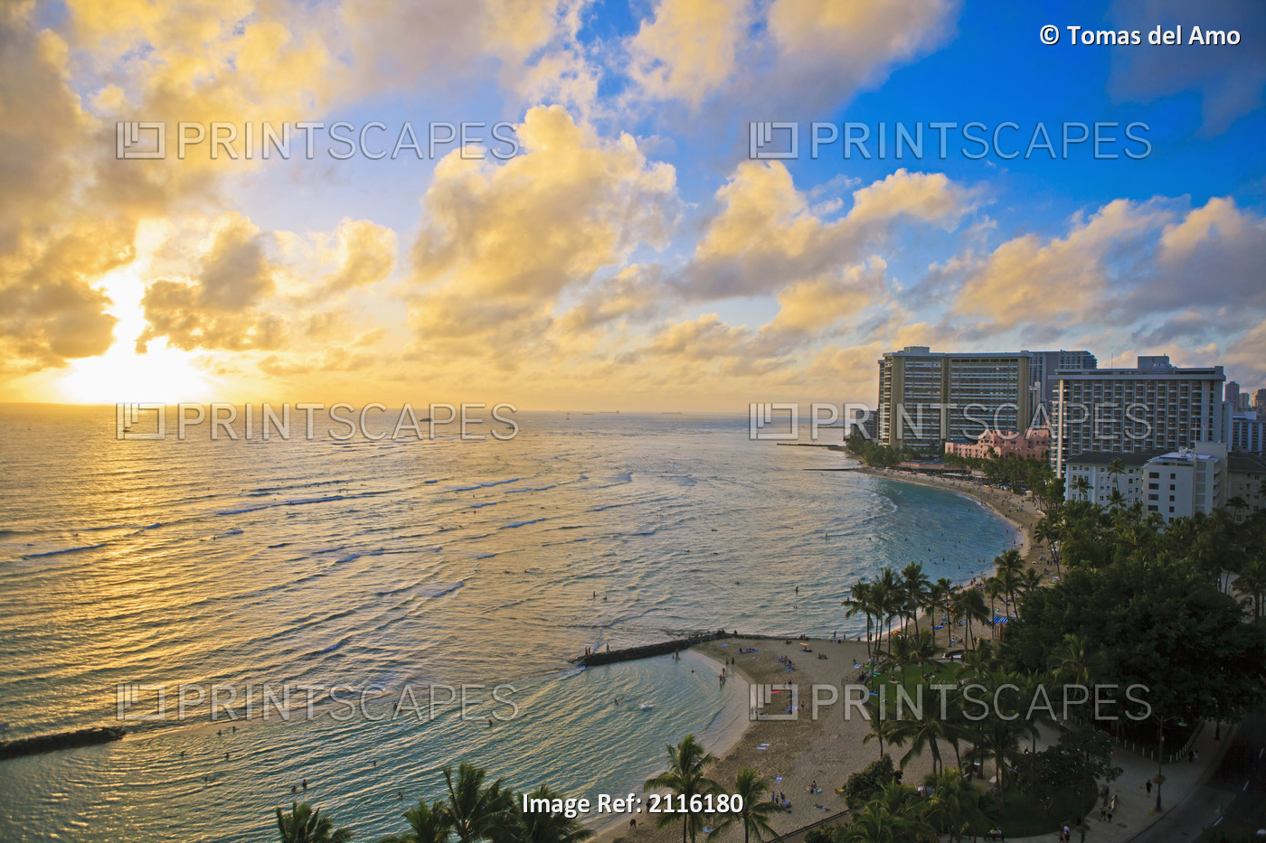 Hawaii, Oahu, Waikiki, View of the Pacific Ocean and Waikiki Beach during ...