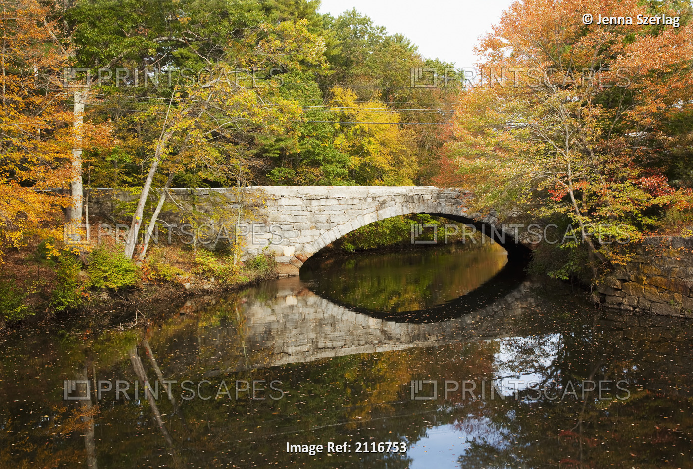 New England, Massachusetts, Blackstone Valley, Bridge over river in autumn.