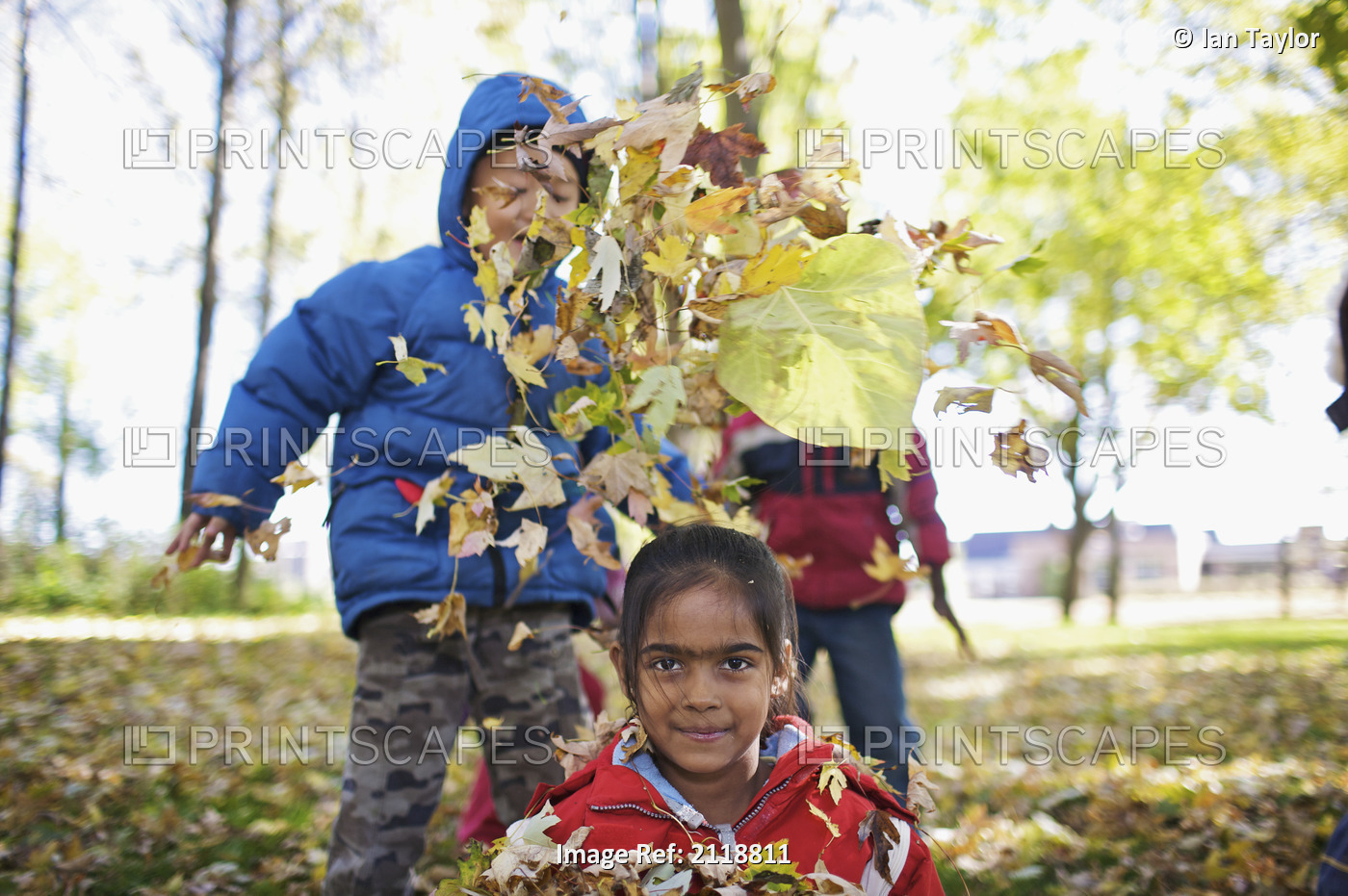 Multi-Ethnic New Canadian Children Playing In Autumn Leaves Outside Esl School; ...
