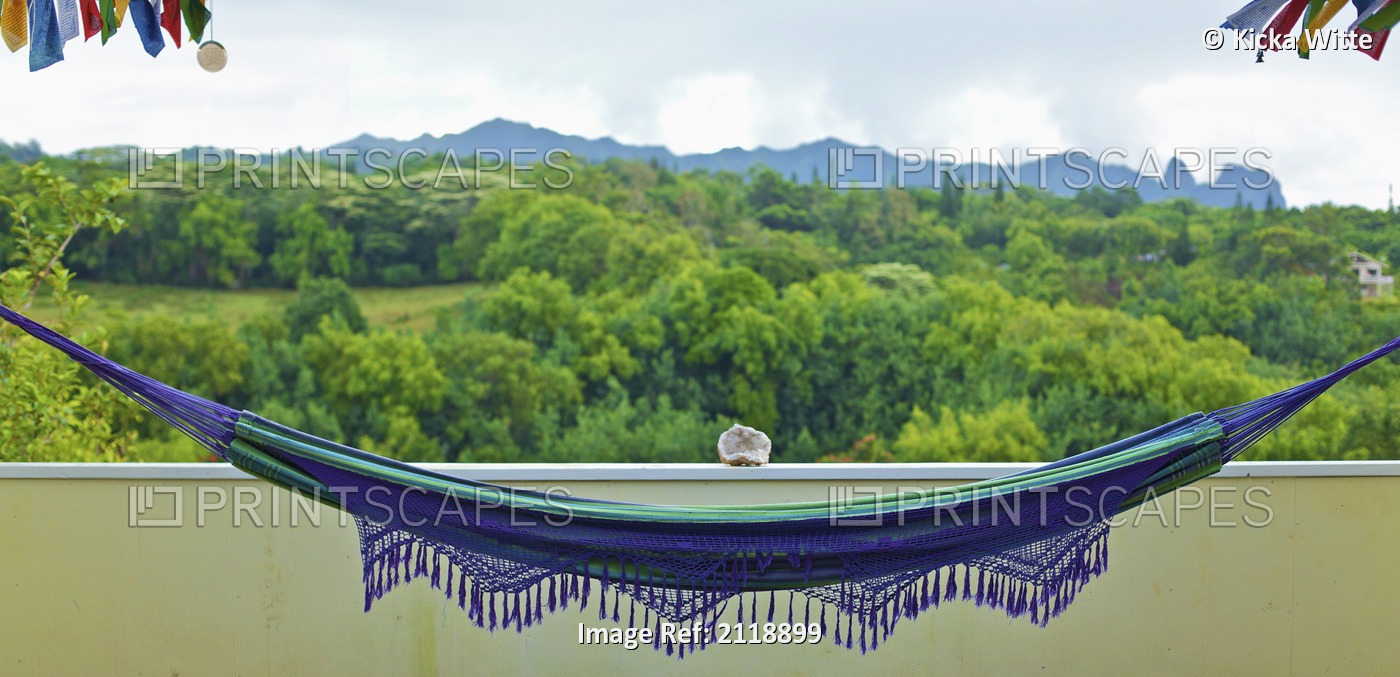 A hanging hammock with mountains and lush vegetation in the background;Wailua ...