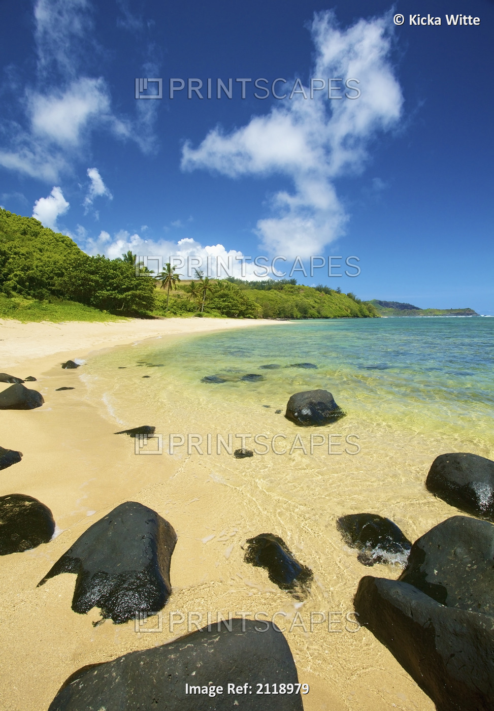 Black rocks scattered on a beach along the coastline of an hawaiian island; ...