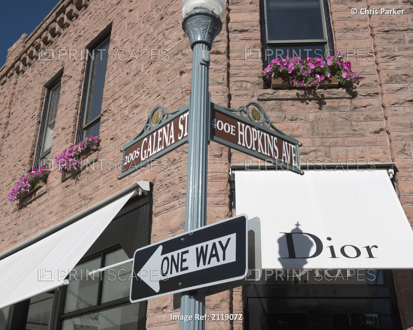 USA, Colorado, Downtown shopping district; Aspen, Dior store on corner of ...