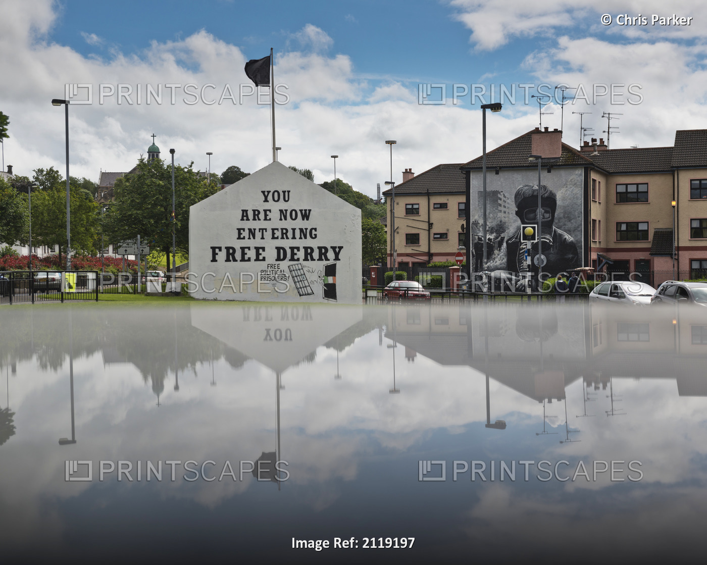 United Kingdom, Northern Ireland, County Londonderry, Reflected view of murals ...