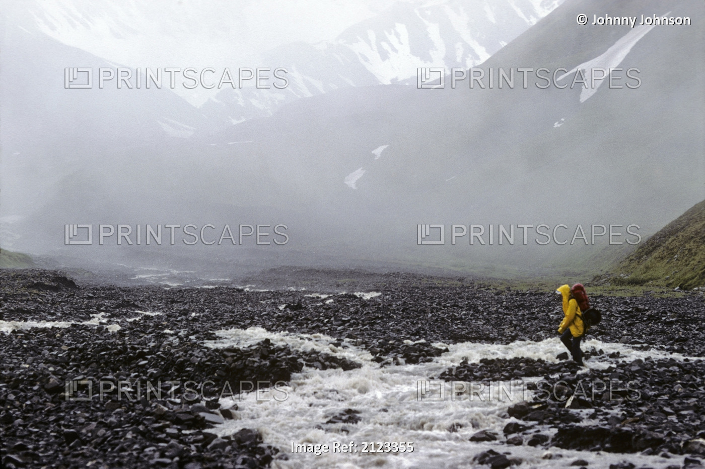 Backpacker Crosses Glacier River Denali Np Alaska Range