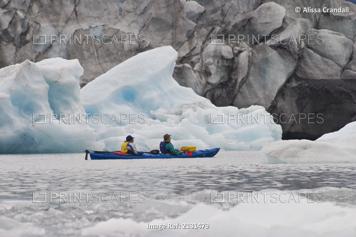 Sea Kayakers In Pedersen Lagoon With Pedersen Glacier, Kenai Fjords National ...