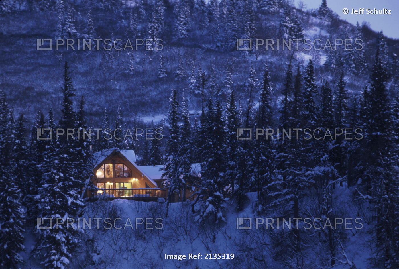 Home Cabin In Snow Covered Forest Lights On Dusk Sc Ak/Nanchorage Ak Winter
