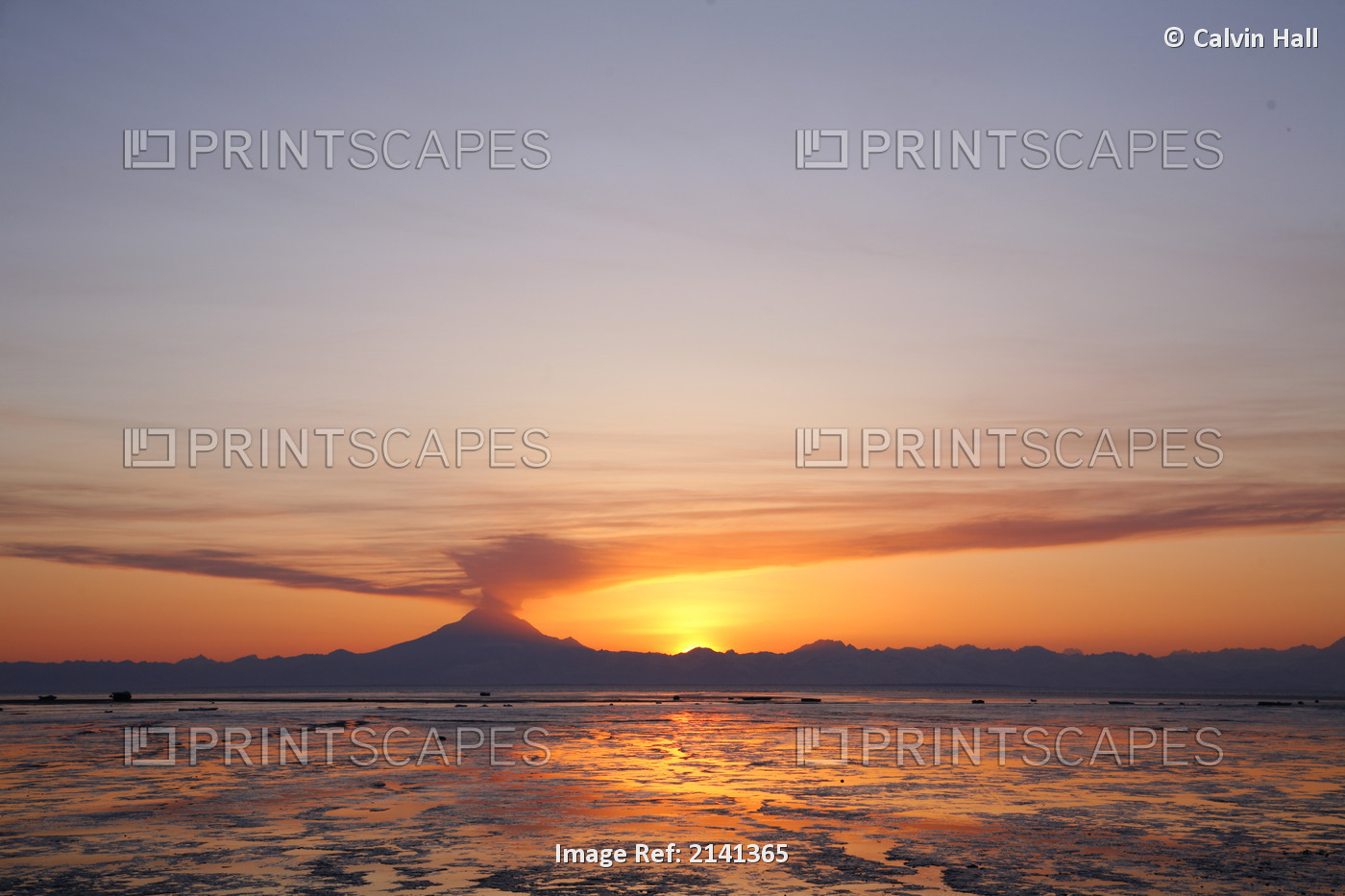 Ash Cloud Rises From Mt. Redoubt At Sunset During Low Tide Near Ninilchik, ...