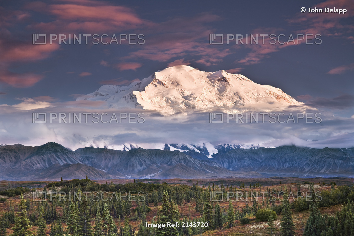 North Face Of Denali At Sunset As Seen From The Wonder Lake Campground In ...