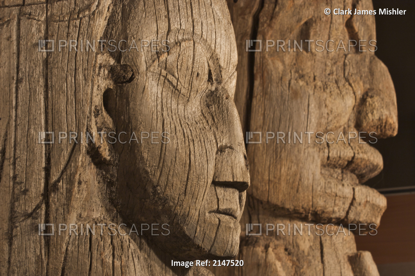Close Up Of Historic Totem Poles In Ketchikan, Alaska