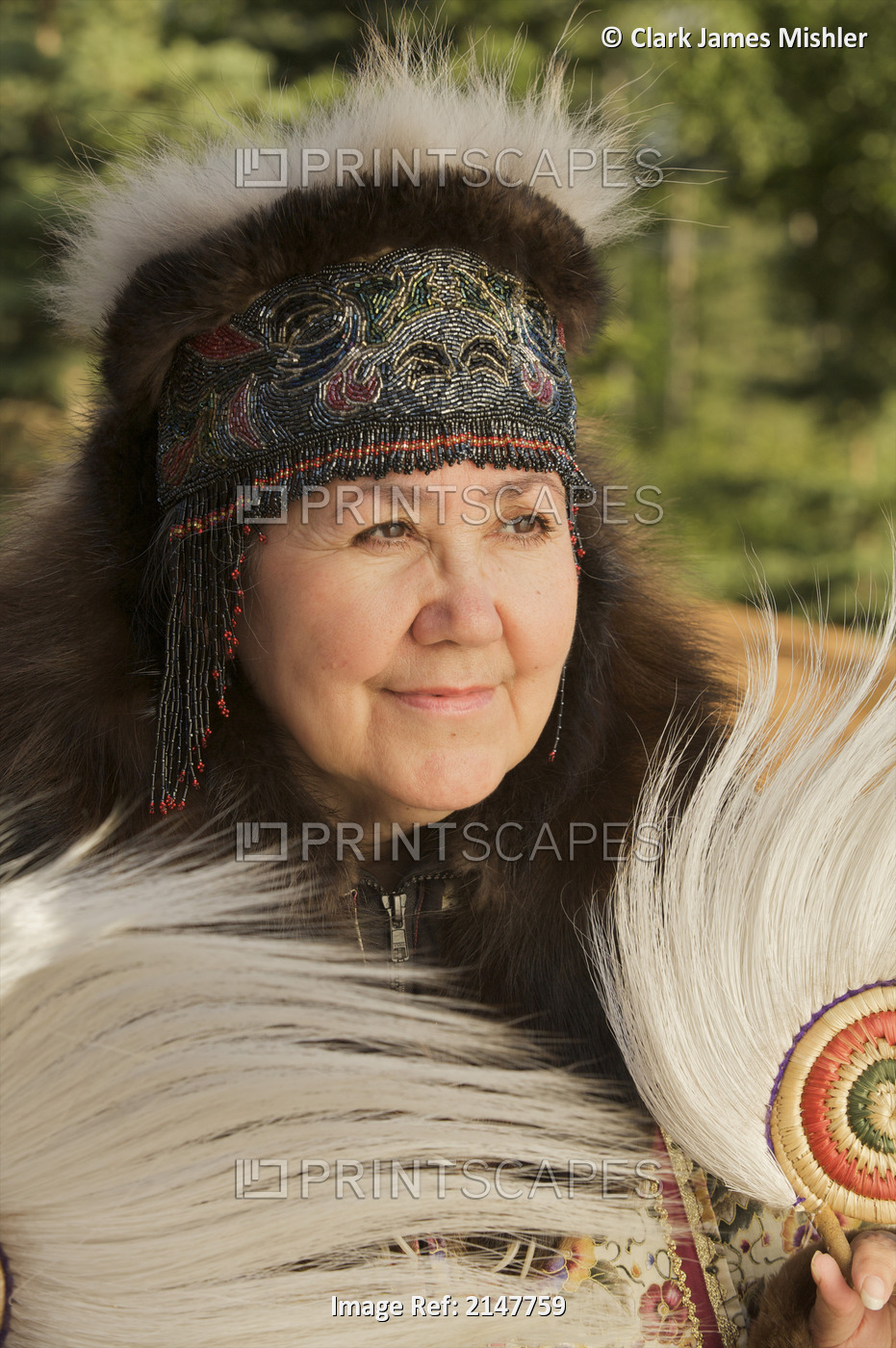 Portrait Of A Yup'ik Woman With Beaded Headdress And Tradtional Dancing Fans, ...