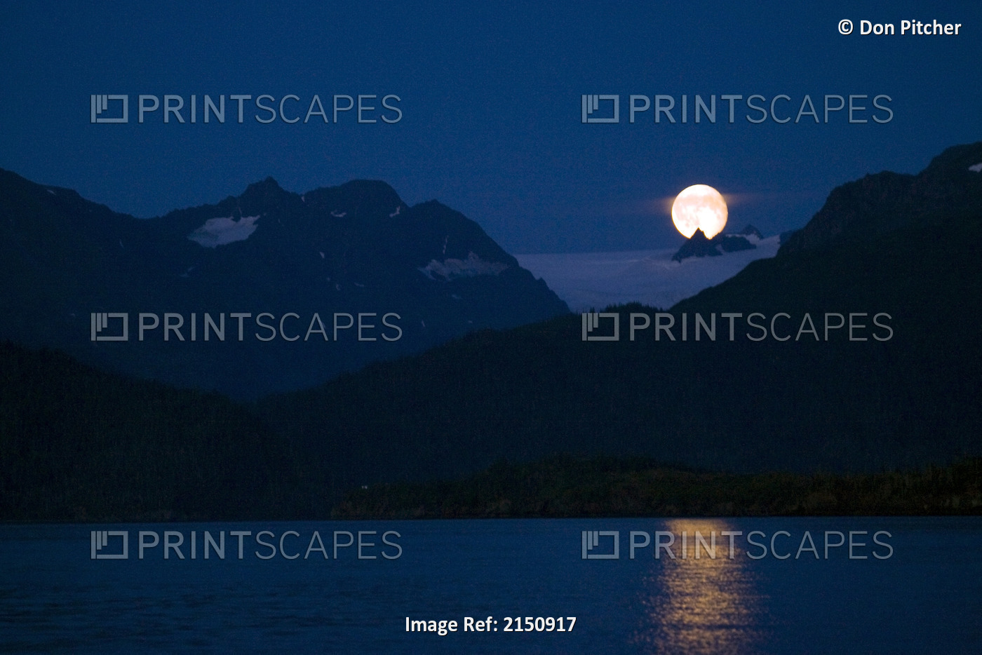 Full Moon Rising Over Grewingk Glacier And Kenai Mountains Near Homer, Alaska