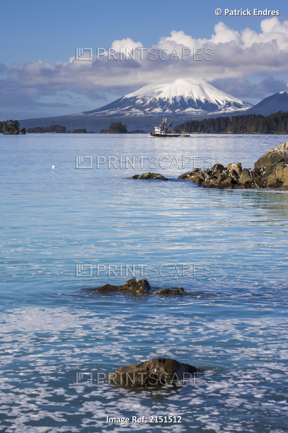 Commercial Fishing Boat In Sitka Sound W/Mt.Edgecumbe In Distance Southeast ...