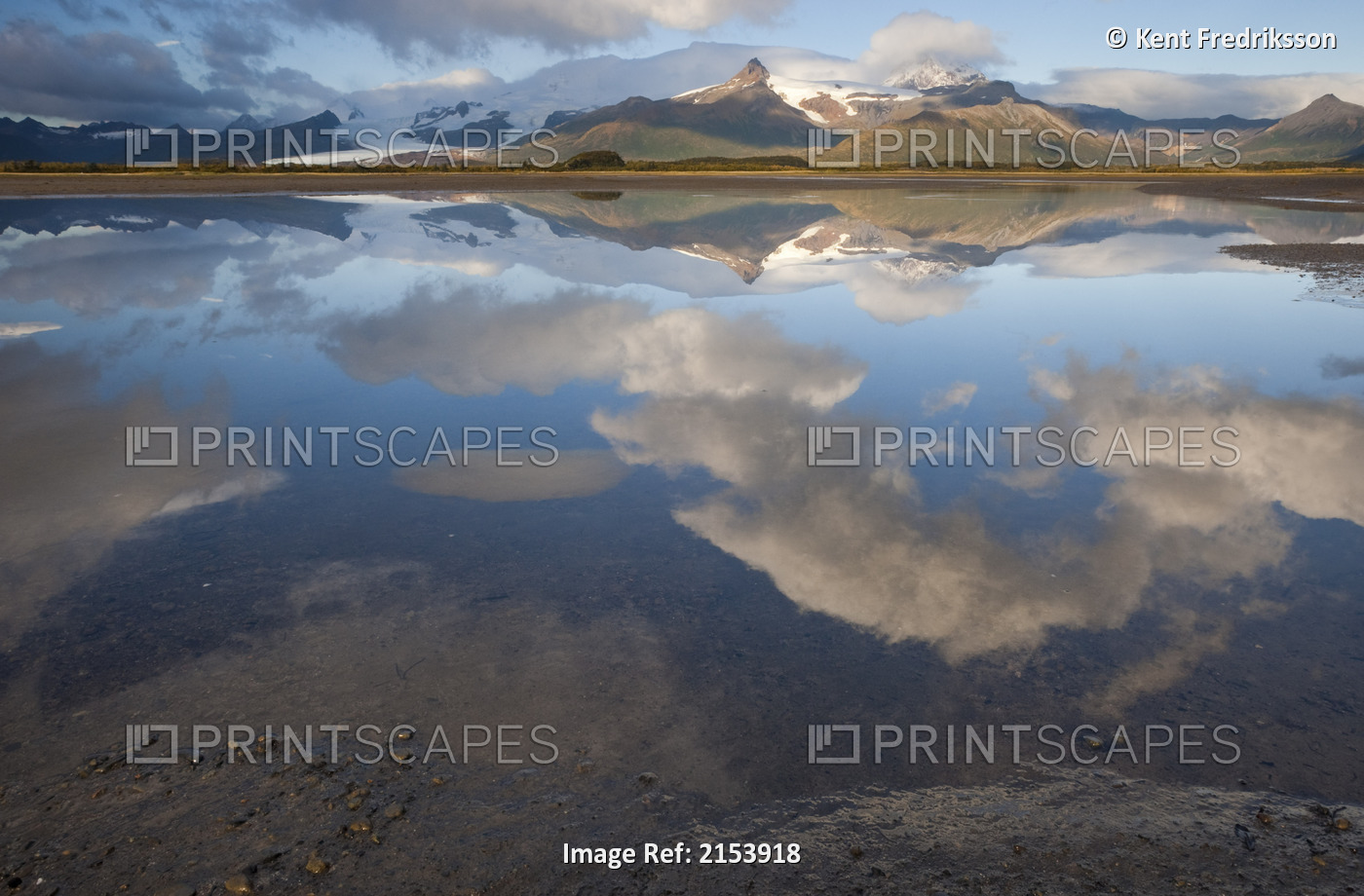 Devils Desk Peak And Clouds Reflect In The Calm Waters Of Hallo Bay, Katmai ...