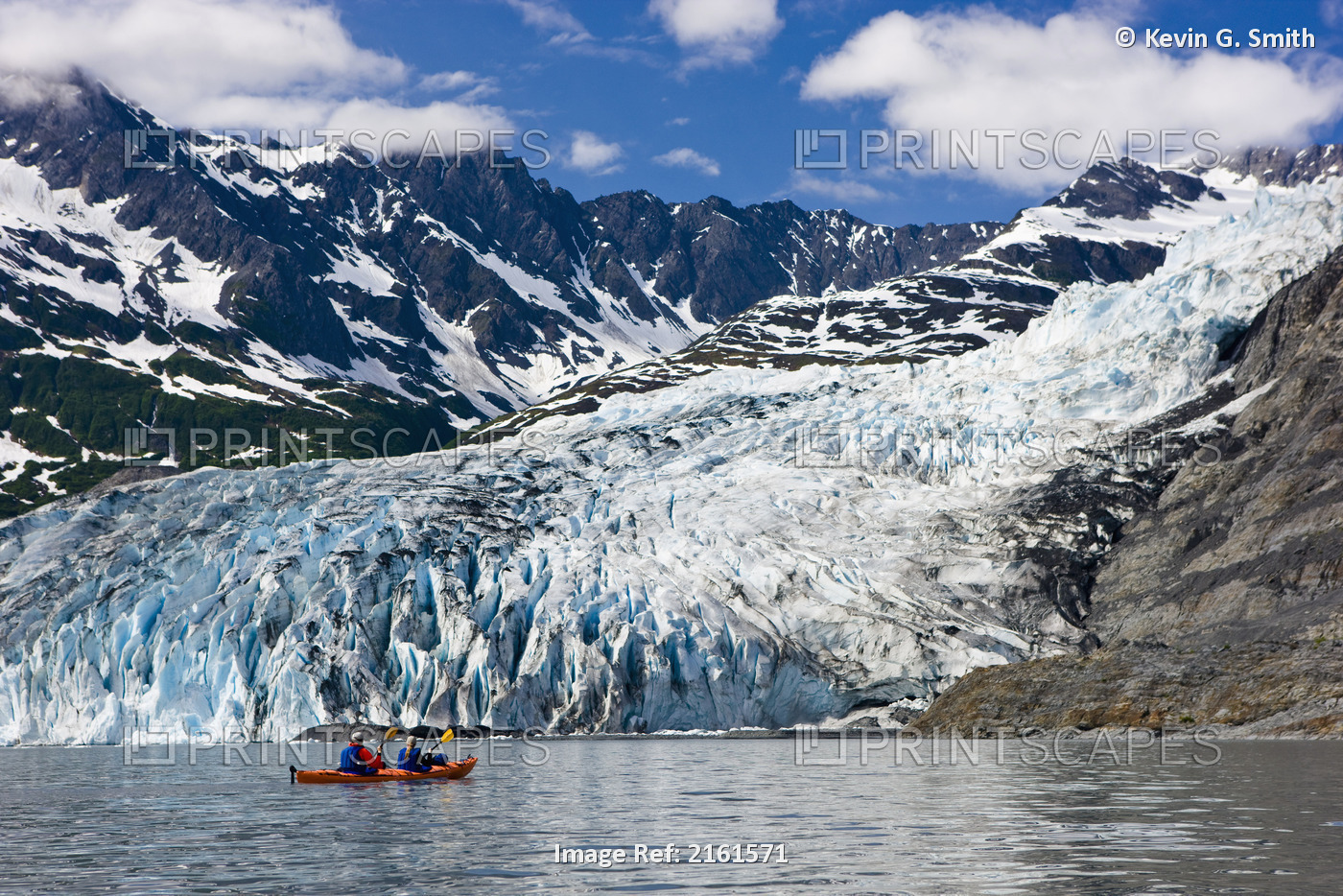 Couple Kayaking In Shoup Bay With Shoup Glacier In The Background, Prince ...