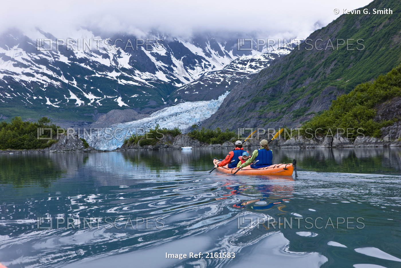 Family Kayaking In Shoup Bay With Shoup Glacier In The Background, Prince ...