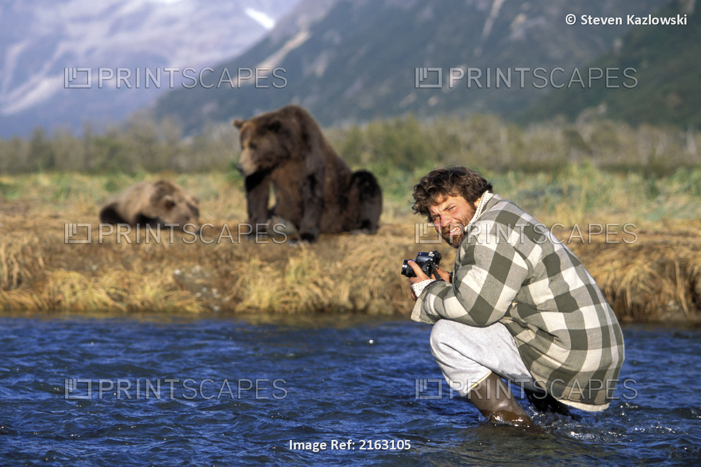 Man Photographing Brown Bear & Cub Katmai Np Ak Sw Summer Barrier Range