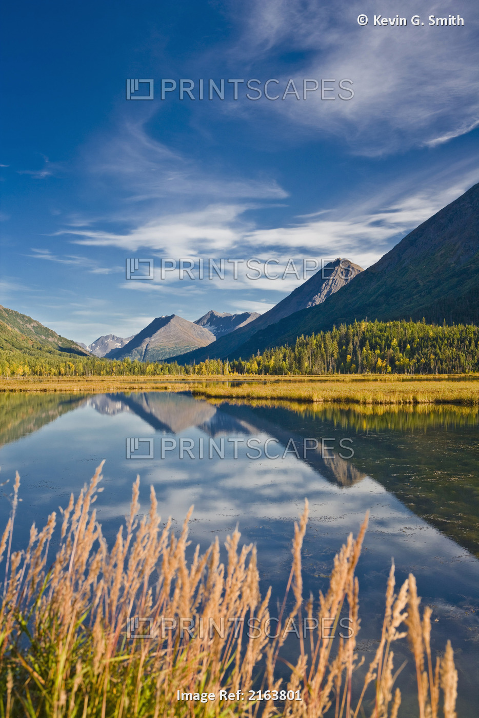 Scenic View Of The Kenai Mountains Reflected In Tern Lake During Fall On The ...